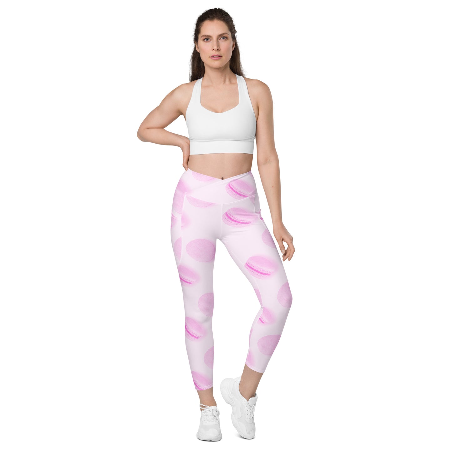 Rosé Macaron Women's Recycled Crossover Leggings With Pockets - FLAKOUT