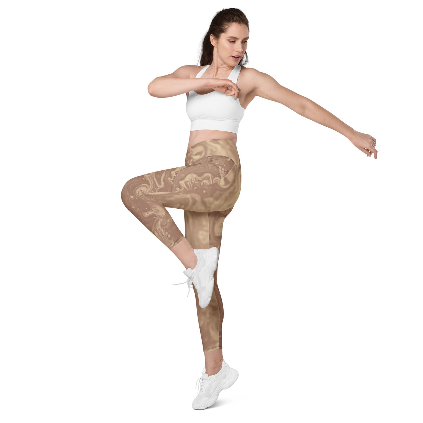 Liquid Beige Women's Recycled Crossover Leggings With Pockets - FLAKOUT