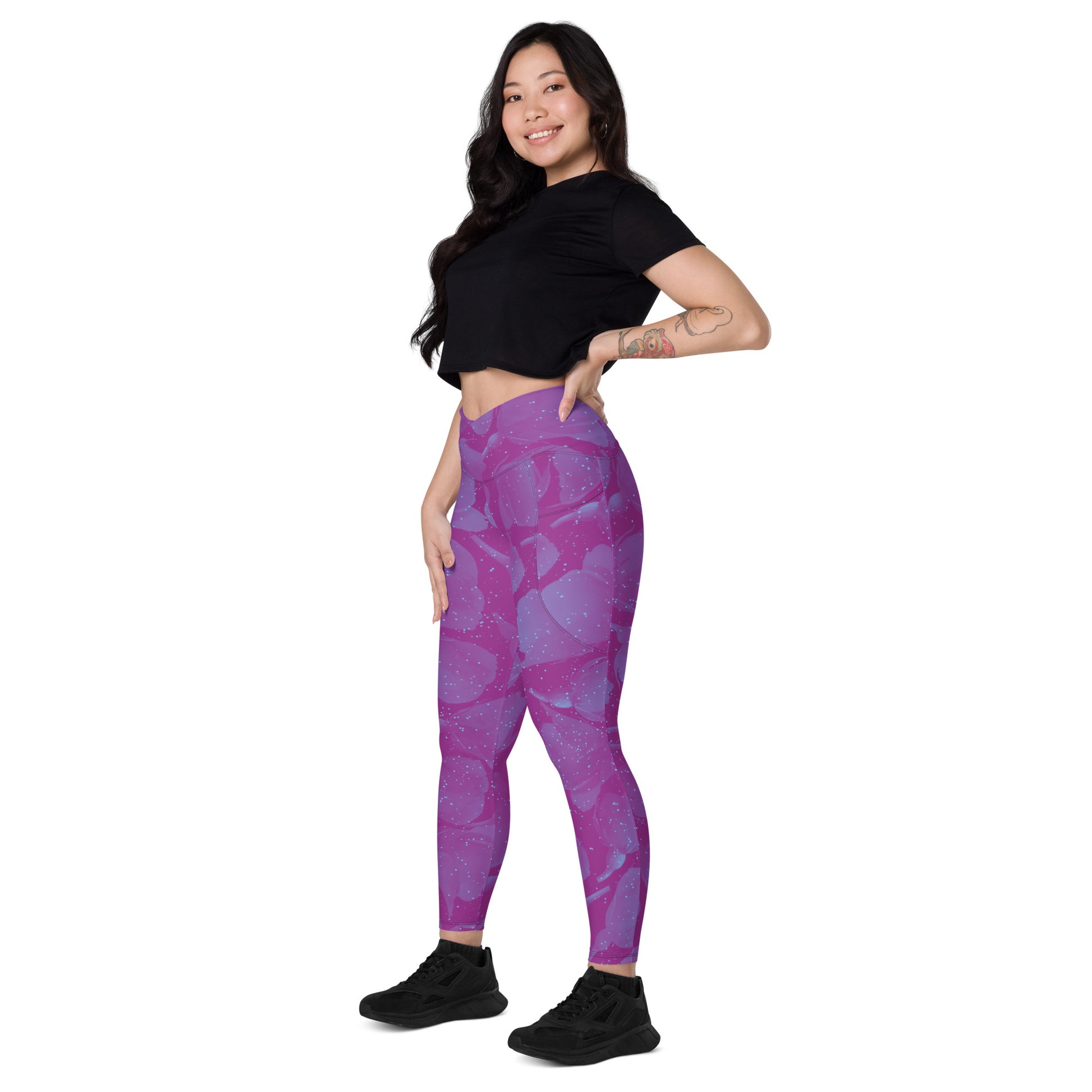 Night Flowers Women's Recycled Crossover Leggings With Pockets - FLAKOUT